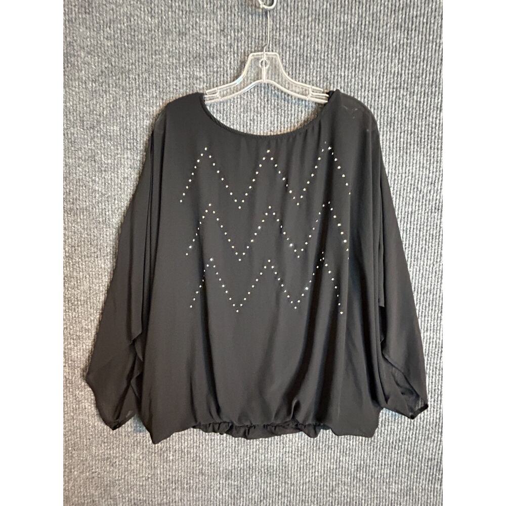 Cato Woman 18/20 Blouse Black Rhinestone Chevron Detail Polyester Dolman Sleeve